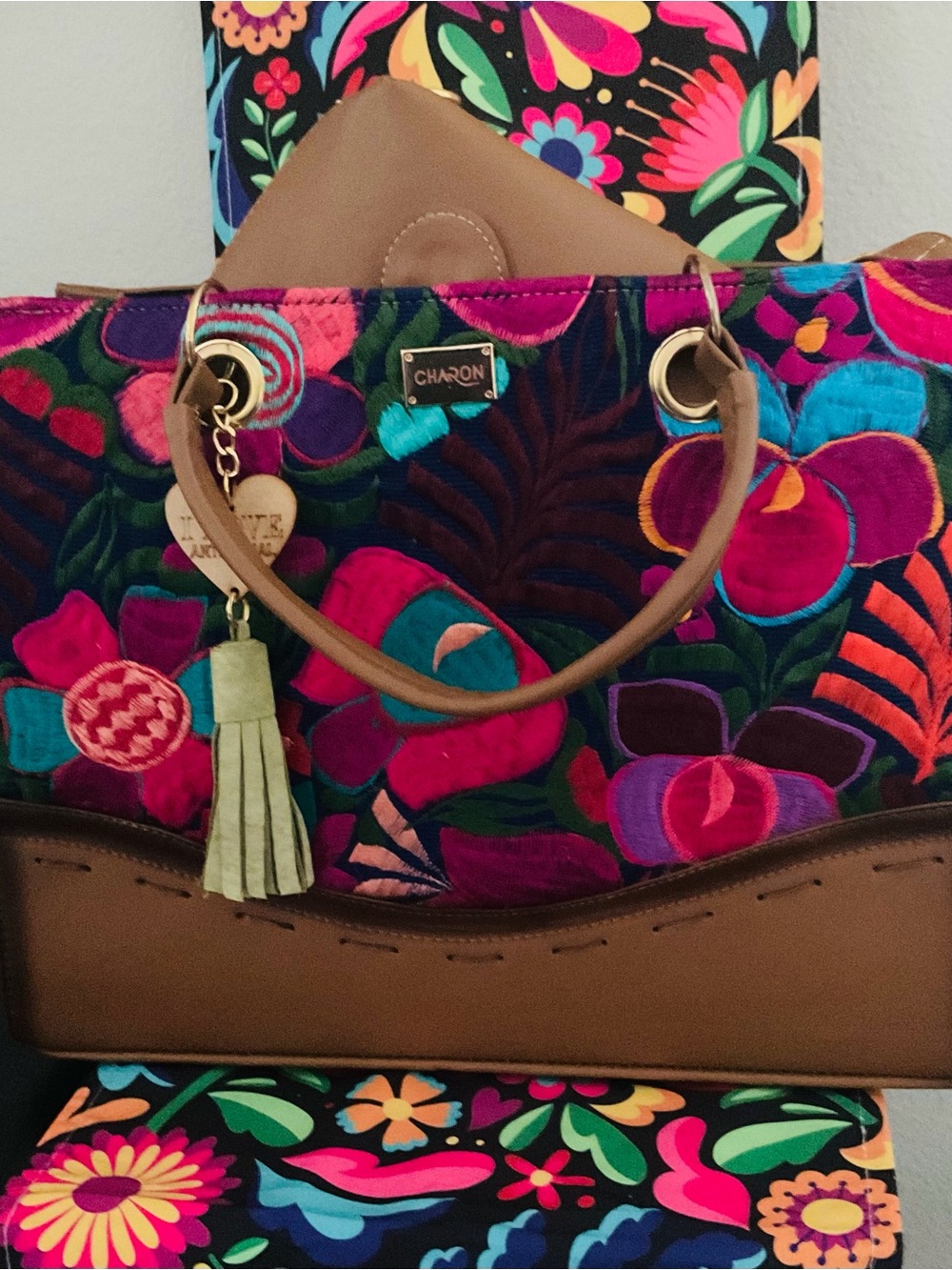 Floral Embroidered Multicolor Tote Bag with Tan Trim and Makeup bag
